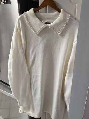 H And M Cream Pearl-Trim Collared Sweater dress